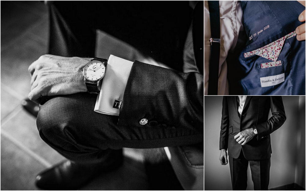 costume du marie blandin & delloye - preparatifs du marie - boutons de manchette - noir et blanc - photographe mariage eure et loir - champetre