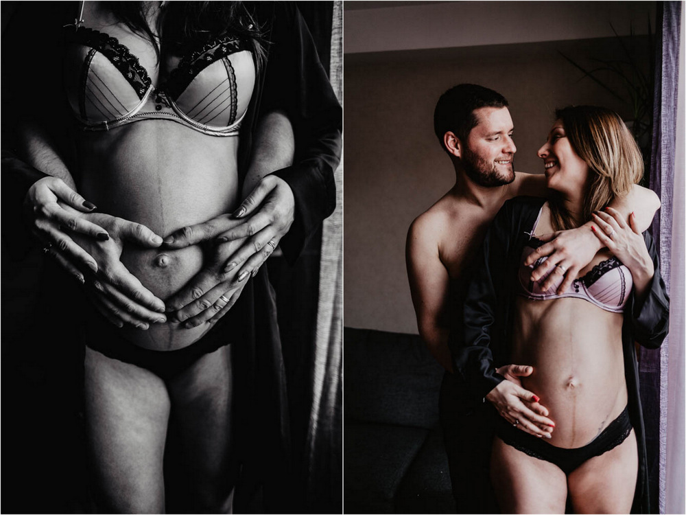 couple amoureux - femme enceinte - grossesse - coeur avec les mains - lingerie - futurs parents