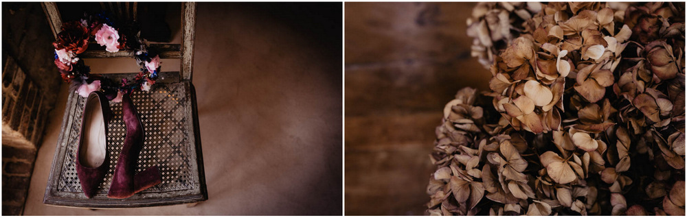 chaussures de la mariee - velours - bordeaux - couronne de fleurs - photographe mariage - domaine des evis - eure et loir - perche - verneuil sur avre