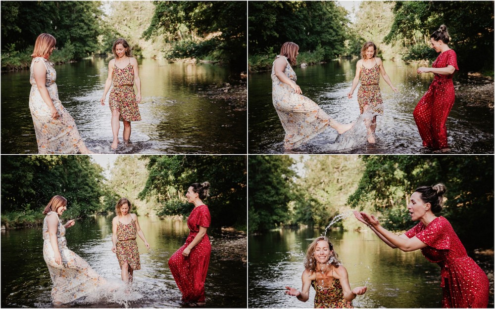 femmes dans une rivière - s'éclabousser avec de l'eau - shooting photo de reconnexion à soi - shooting reconnexion à la nature - se reconnecter à son corps - photographe eure et loir